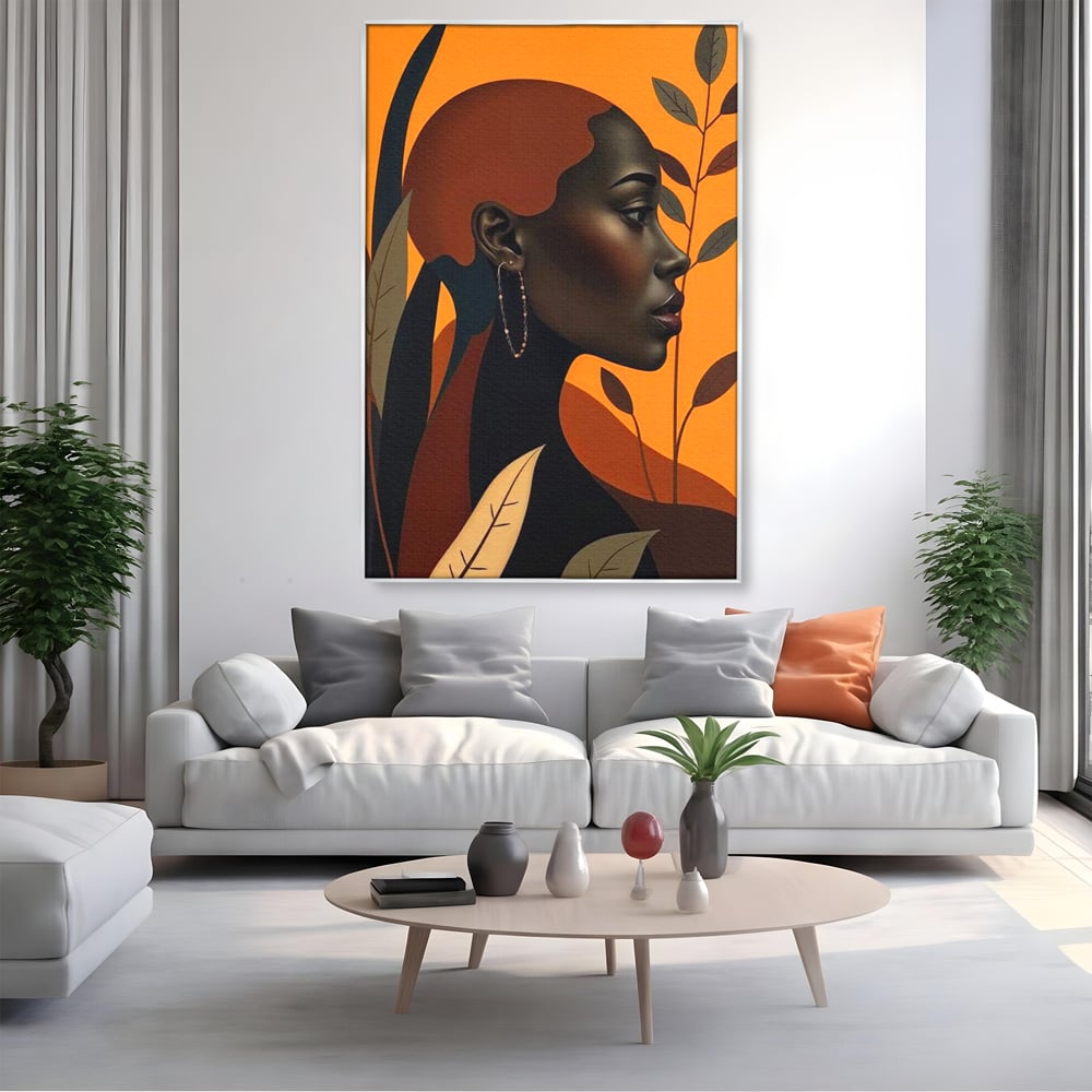 Tablou canvas cu ilustratie digitala cu profil de femeie, in rama de aluminiu argintiu, pe perete intr-un living